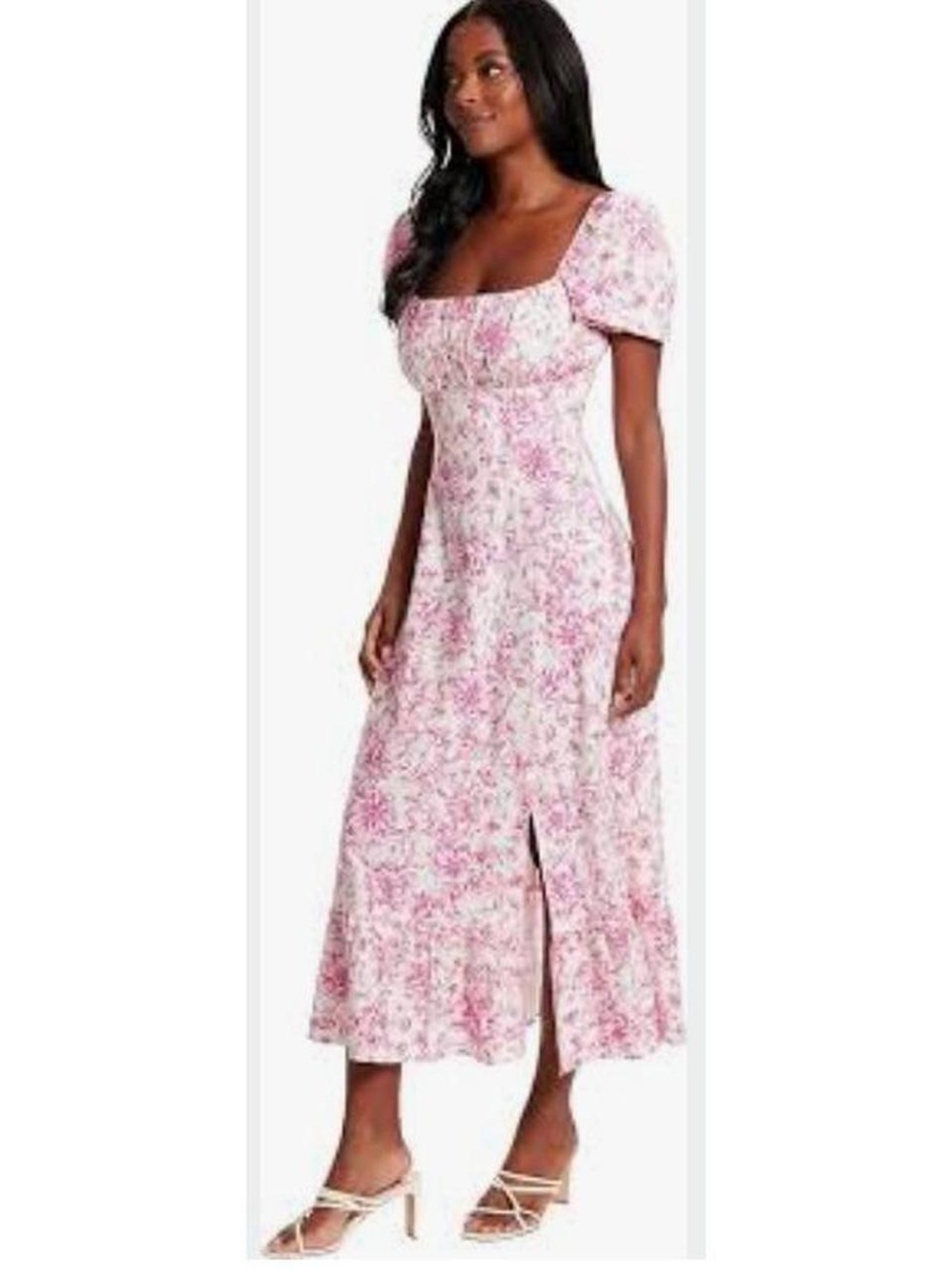 20W London Times Pink Floral Square-Neck Maxi Dress with Puff Sleeves